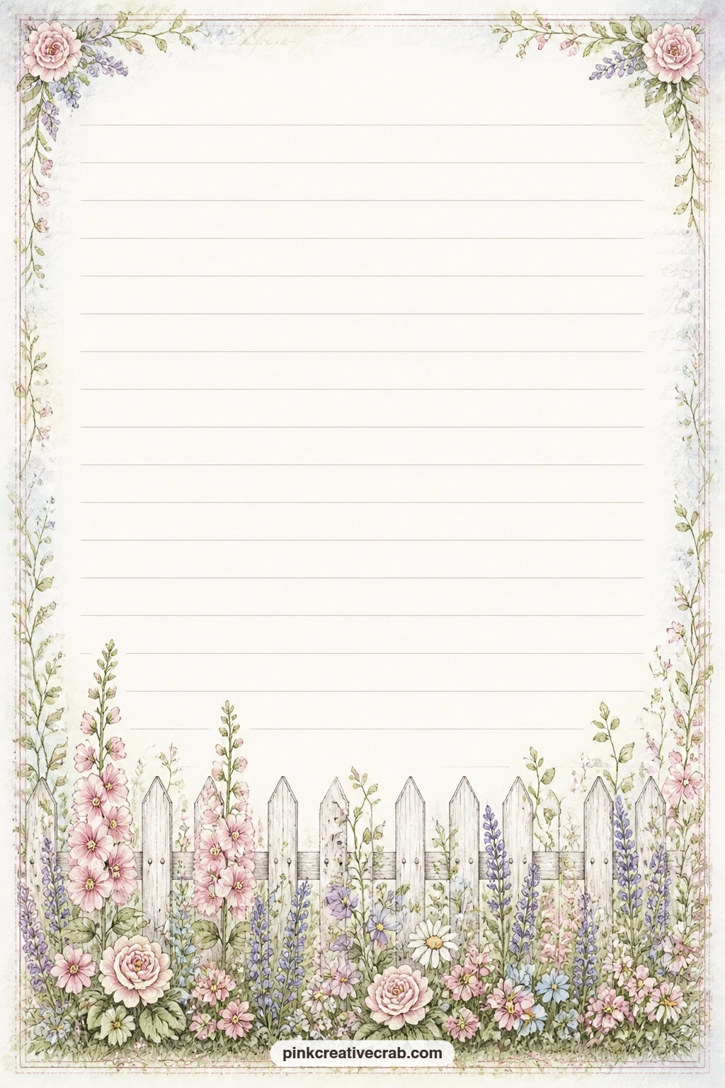 Picket Fence Bottom Border Lined Page printable page — A picket fence crowded with cottage flowers runs along the bottom edge, faint lines filling the page