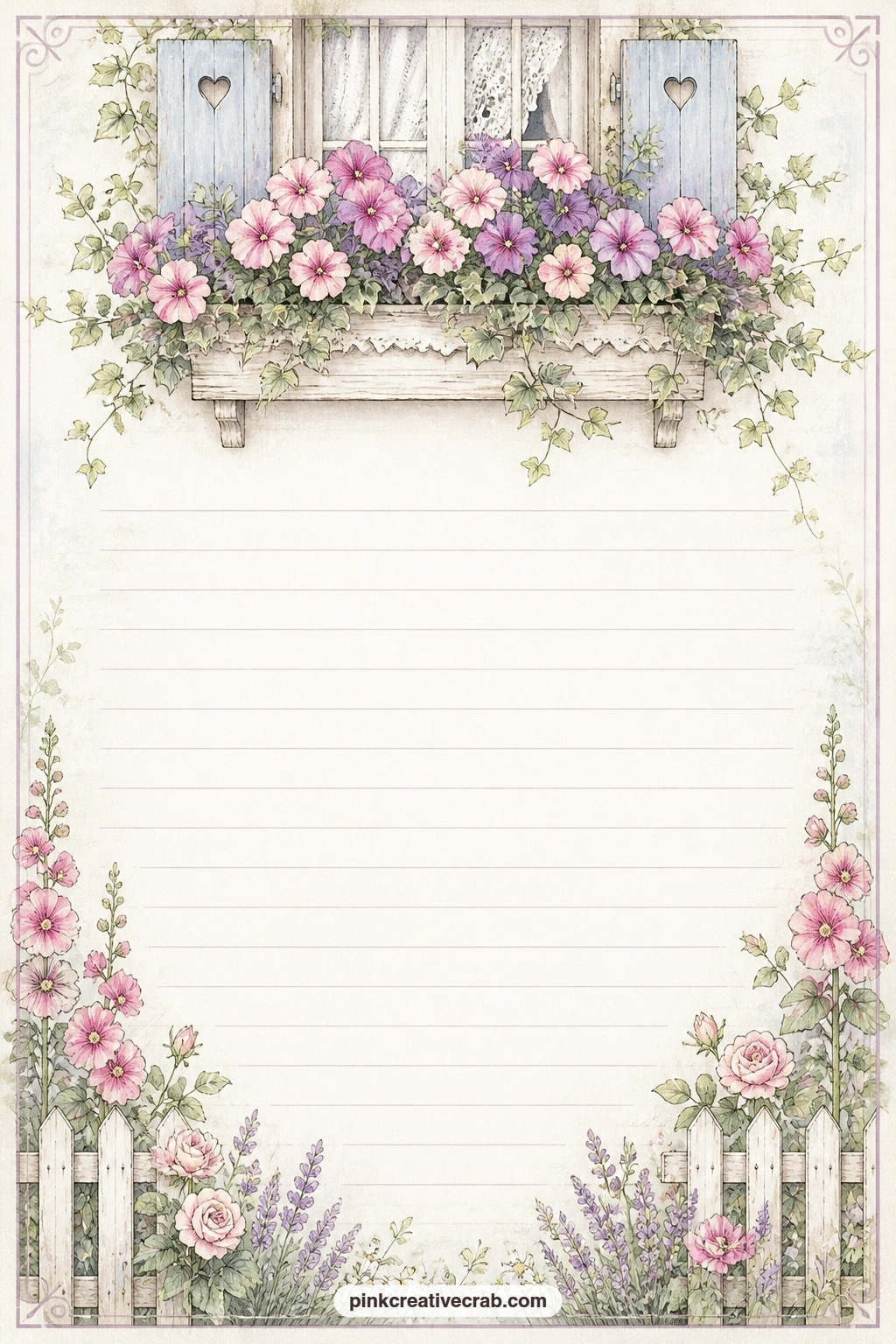 Cottage Window Box Top Border Lined Page printable page — A cottage window box spilling with petunias and ivy sits along the top border, faint lines running