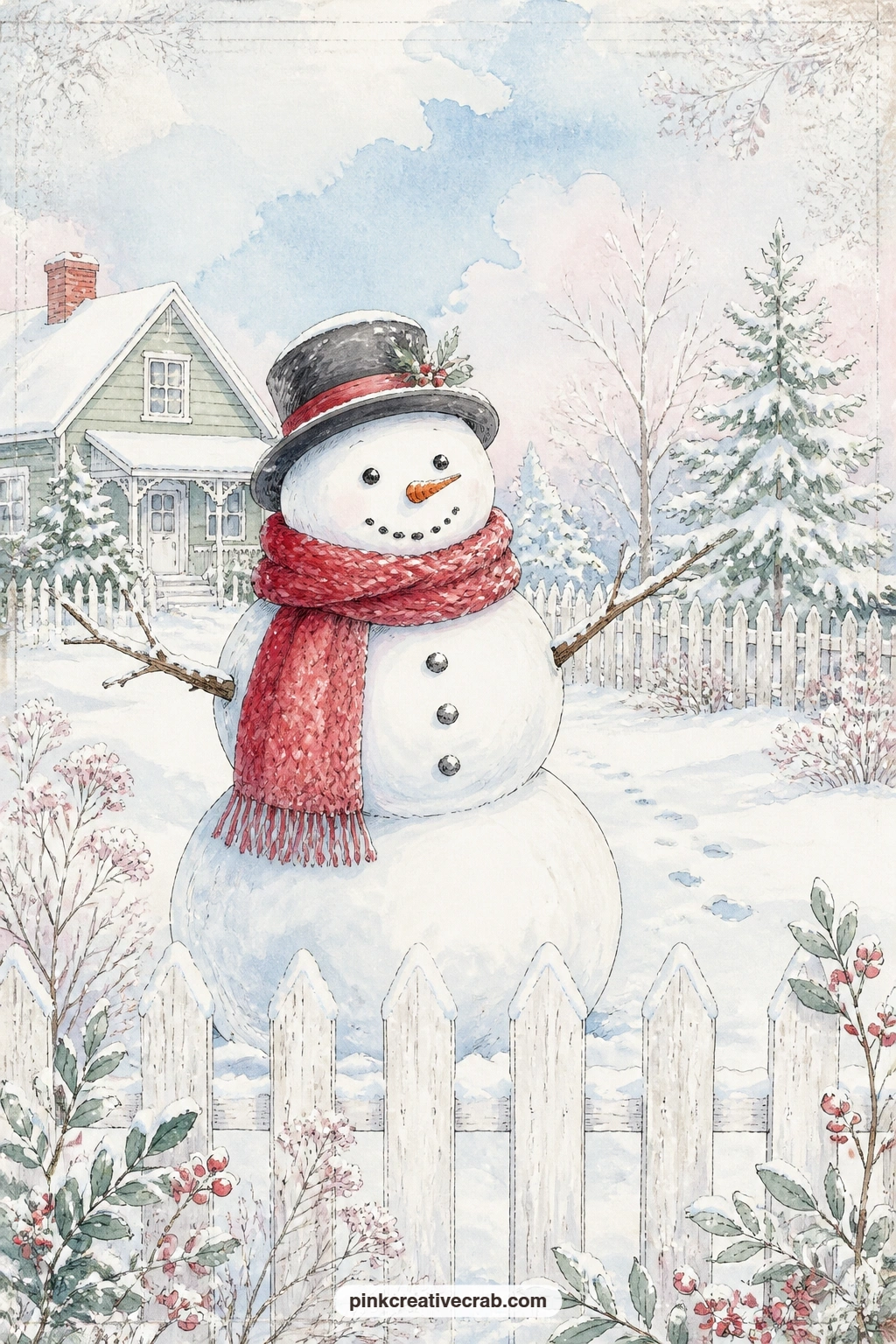 Snowman In A Red Scarf printable page — Settling a snowman into a front yard behind a weathered picket fence gives this page a cosy, lived-in start to the