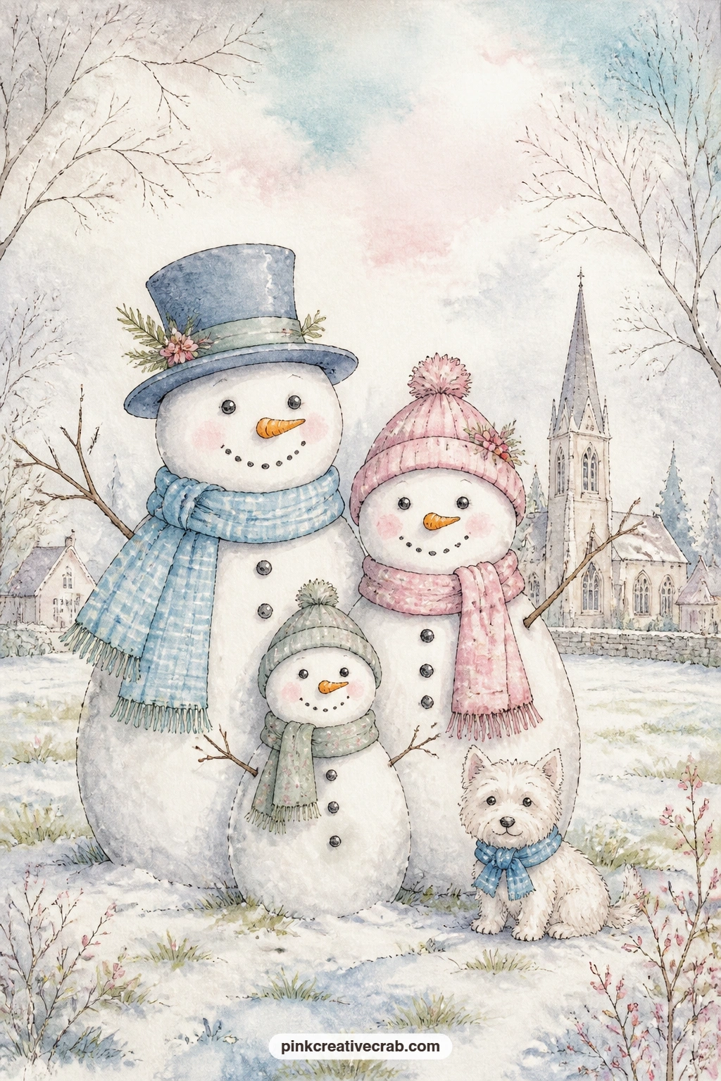 Snowman Family On The Green printable page — Pair this page with the soft blue tiny-snowmen background a few sheets along: use the background as a pocket