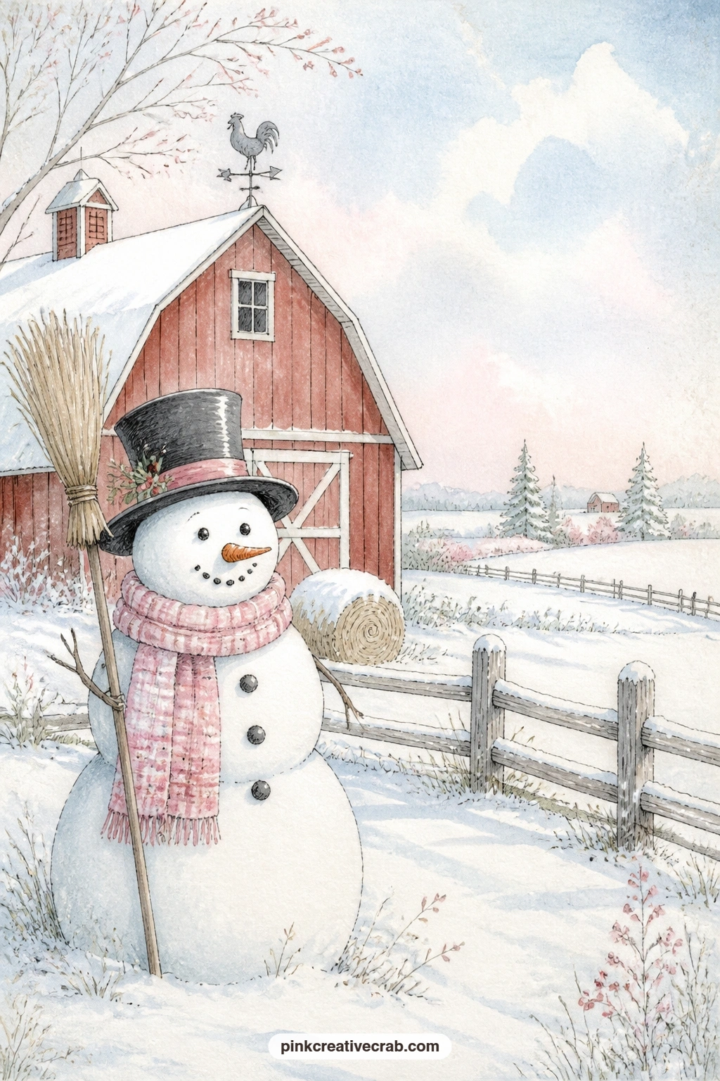 Snowman By The Red Barn printable page — Glue a small torn ticket stub, a pressed sprig of dried grass or a recipe card for hot cider right onto this page