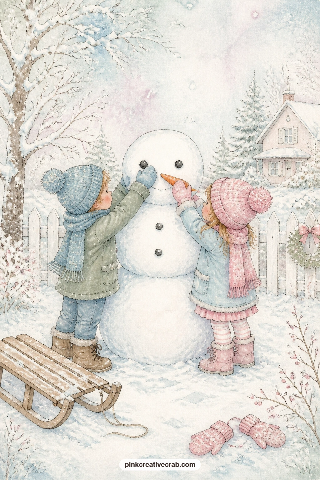 Kids Decorating A Snowman printable page — Two children in mittens hand up a carrot and a handful of buttons to the snowman they are building, with a sled and
