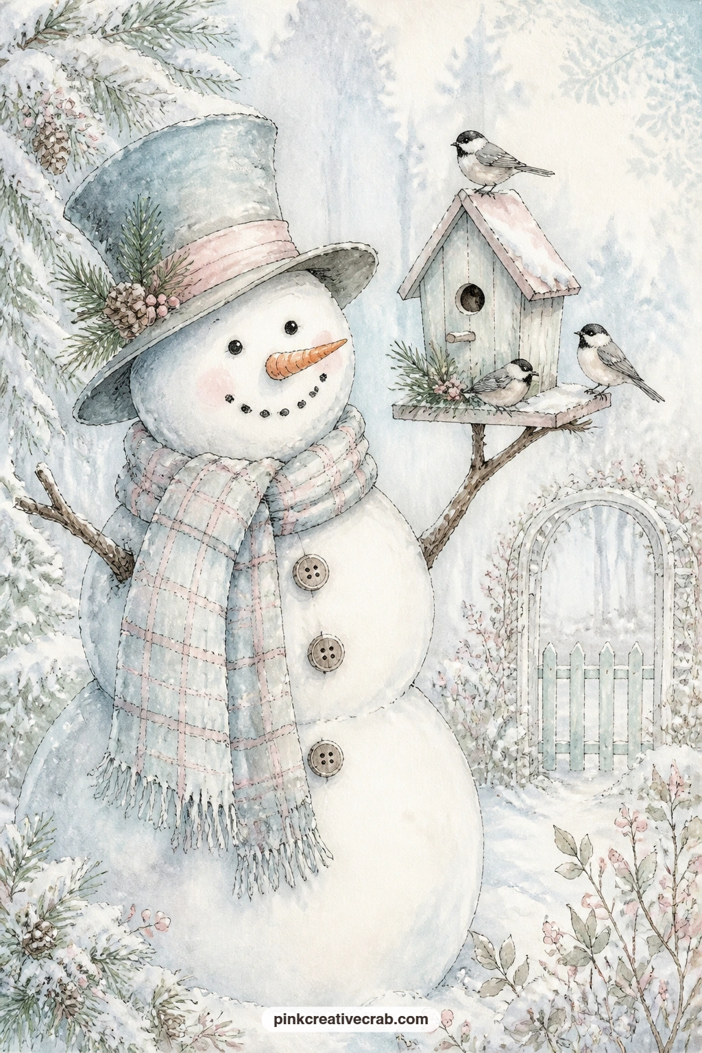 Snowman With A Birdhouse printable page — The usual trouble with a page like this is cramming it with too many chickadees until the snowman disappears; keep it