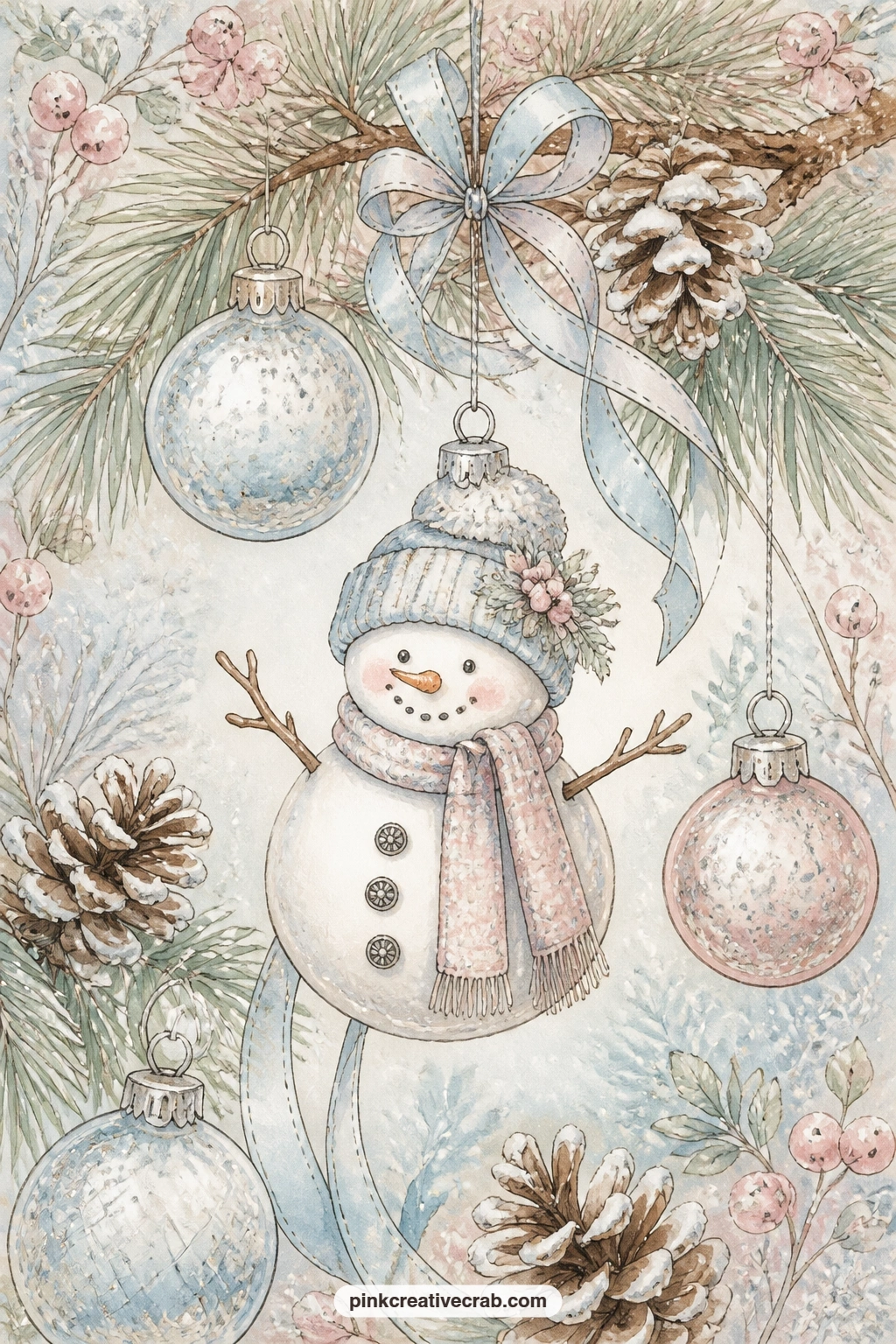 Snowman Ornament On Pine printable page — Try writing the date of your first snow of the season right under this little ornament, the way you might note it on