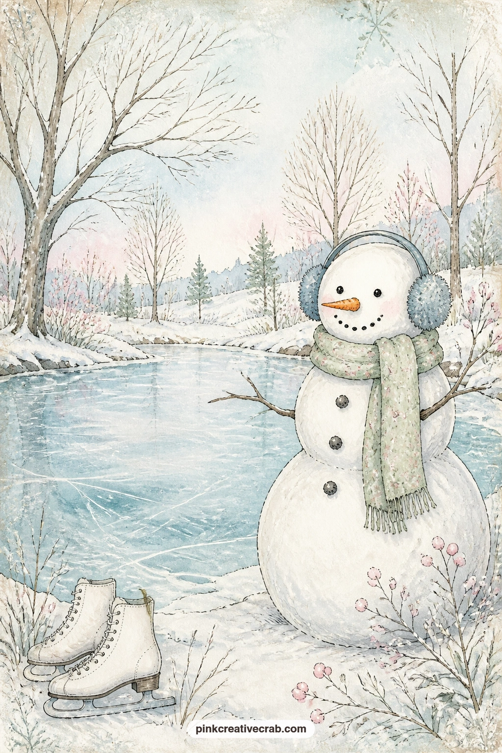 Snowman At The Frozen Pond printable page — A snowman in fuzzy earmuffs watches over a frozen pond, with a pair of ice skates resting on the snowy bank and