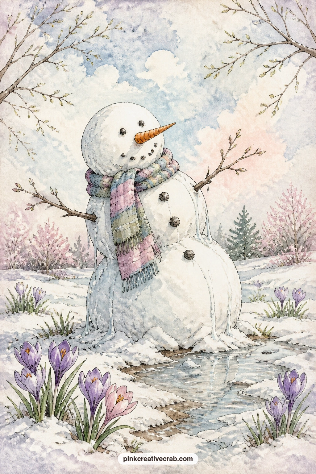 Melting Snowman In Spring printable page — This one is for anyone who wants a quieter page: a melting snowman in soft spring sun, with the first crocuses
