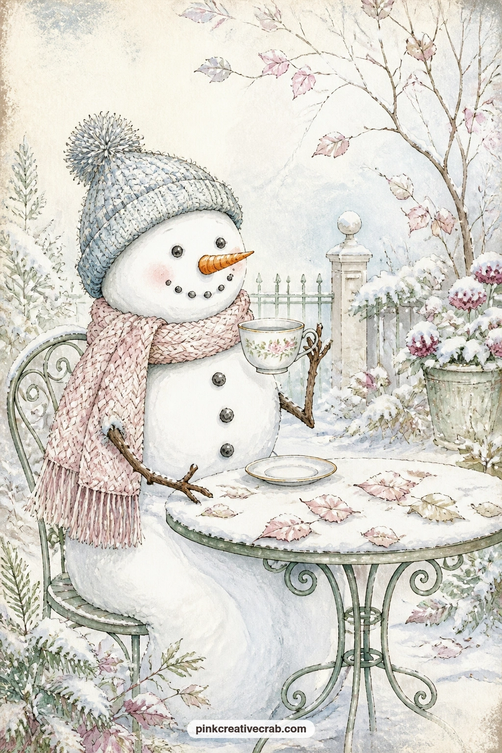 Snowman With Teacup printable page — Seat a snowman at a small garden table with a teacup and saucer set before him, steam curling up, for a whimsical