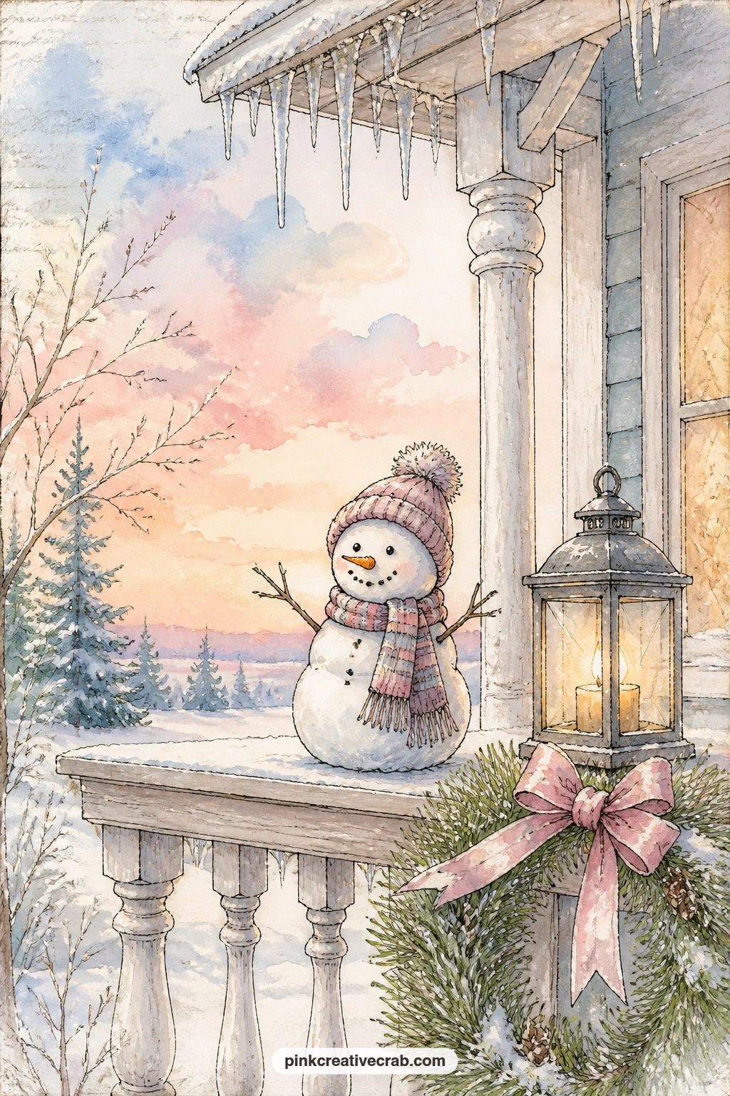 Tiny Snowman On The Porch printable page — A tiny snowman perches on a porch railing beside a glowing lantern and a pine wreath, small enough to feel like a