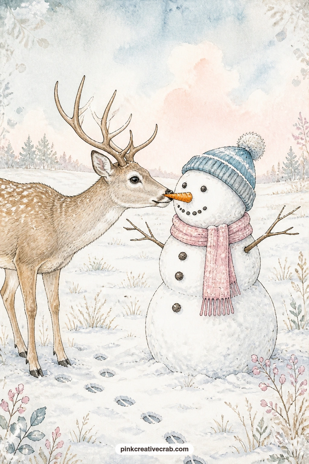 Deer And The Carrot Nose printable page — A curious deer leans in to nibble the carrot nose right off a snowman standing alone in an open meadow, its twig arms