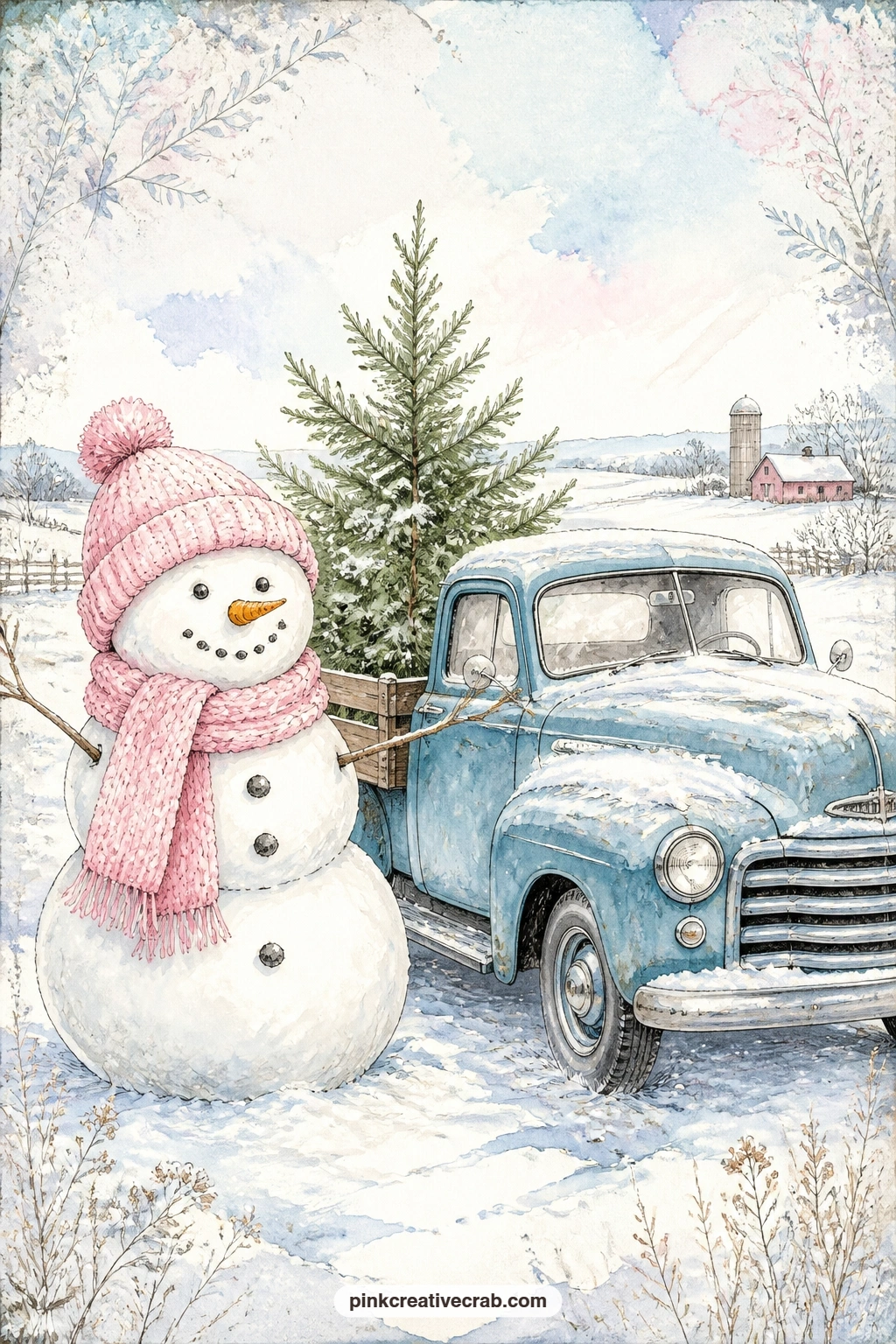 Snowman By The Blue Truck printable page — Wrapped in a pink scarf, this snowman leans against the running board of a vintage blue truck loaded with a small