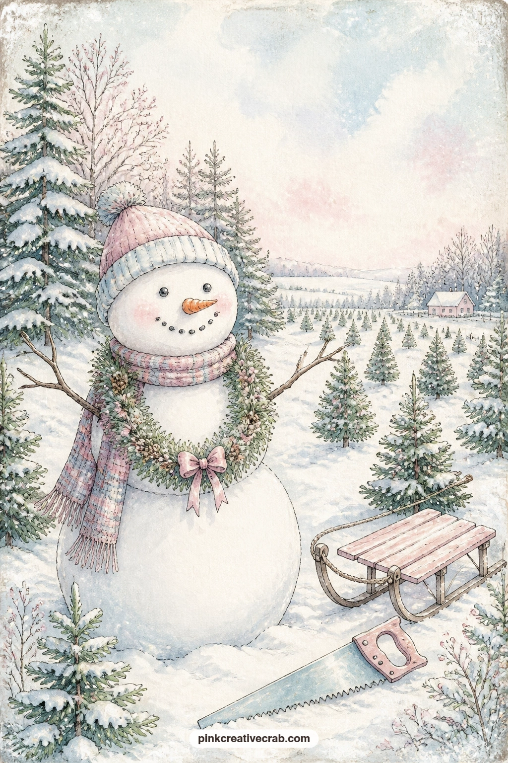 Snowman At The Tree Farm printable page — A snowman wearing a wreath like a necklace stands among rows of young pines at a Christmas tree farm, a saw and a