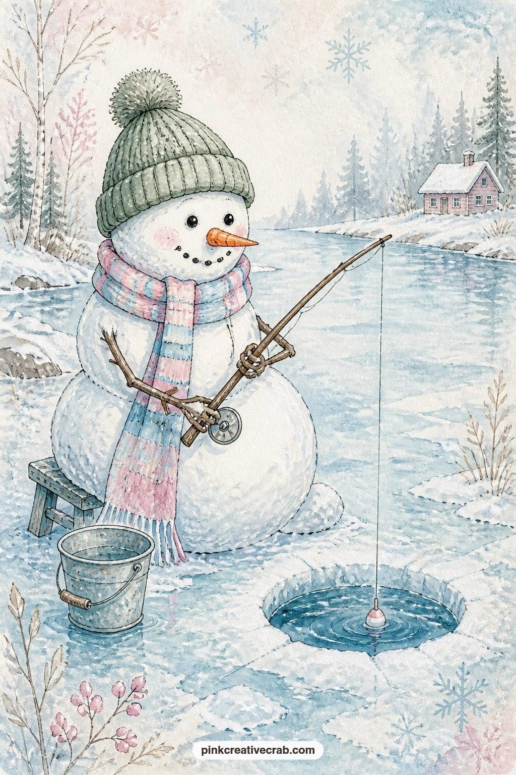 Snowman Ice Fishing printable page — Picture this page glued in right after the frozen pond scene earlier in the kit: the two share the same hush of still