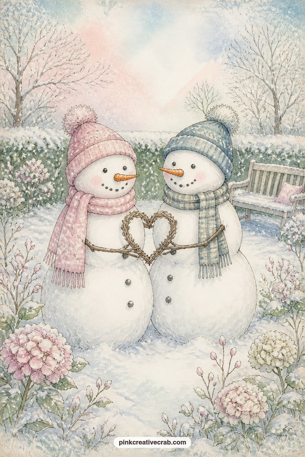 Snowmen With A Twig Heart printable page — Two snowmen stand close together holding a small heart made of twigs between them, in a quiet snowy garden that