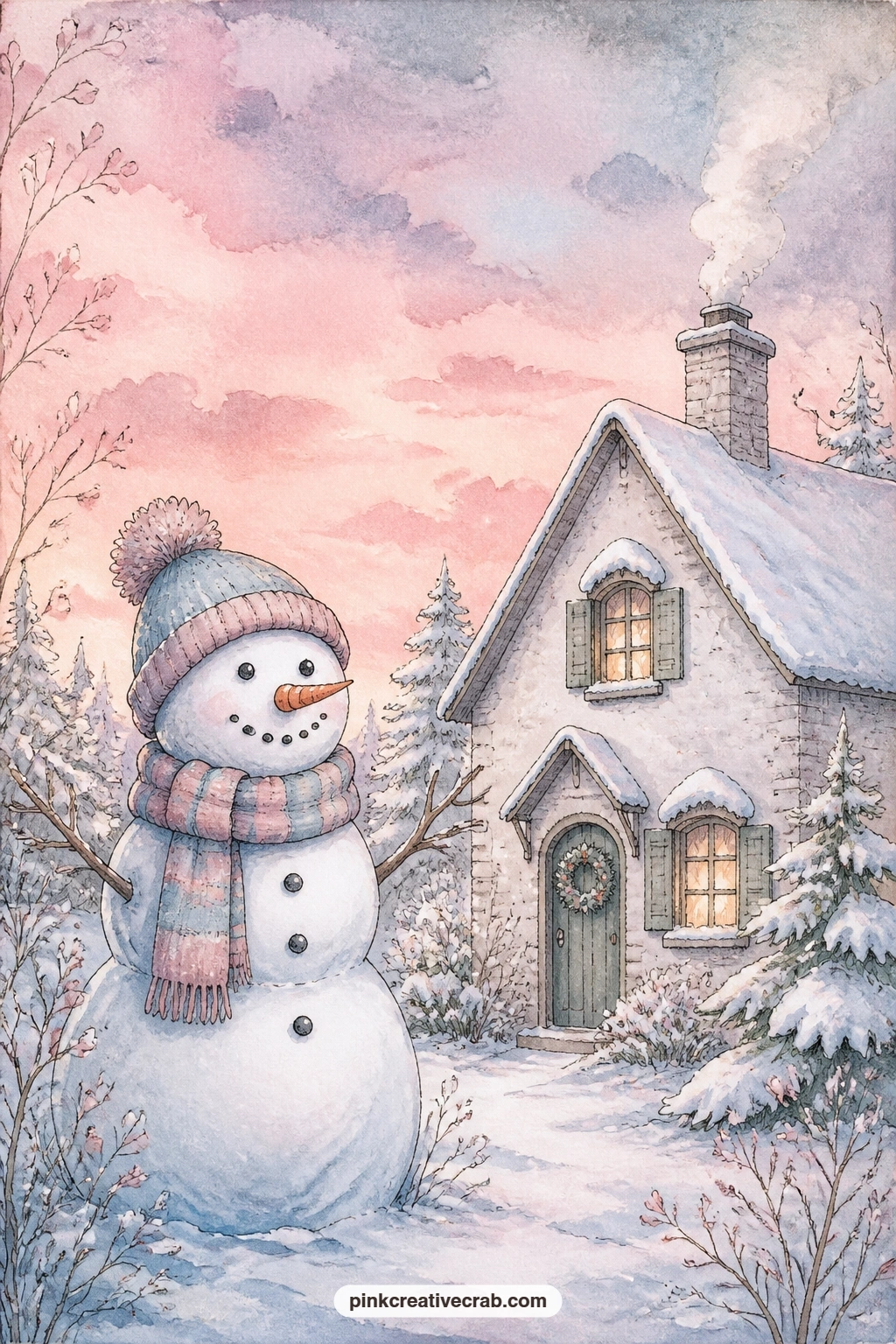 Snowman At Dusk printable page — A snowman stands beside the warm glowing windows of a cottage at soft pastel dusk, the kind of quiet blue-and-gold hour worth
