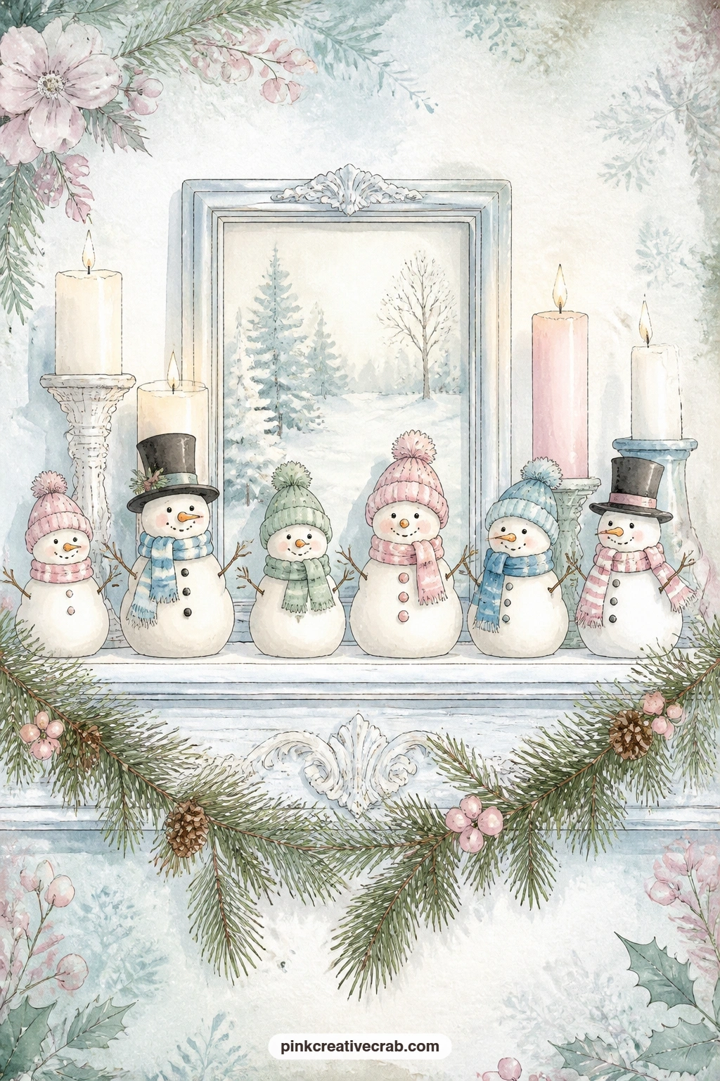Snowman Figurines On The Mantel printable page — A row of small snowman figurines lines a mantel alongside lit candles and a length of pine garland, the whole