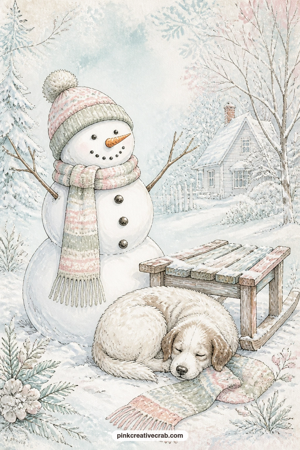 Snowman With Sled And Sleepy Dog printable page — The usual mistake with a sled page is making the dog look alert and busy; let it curl up asleep at the
