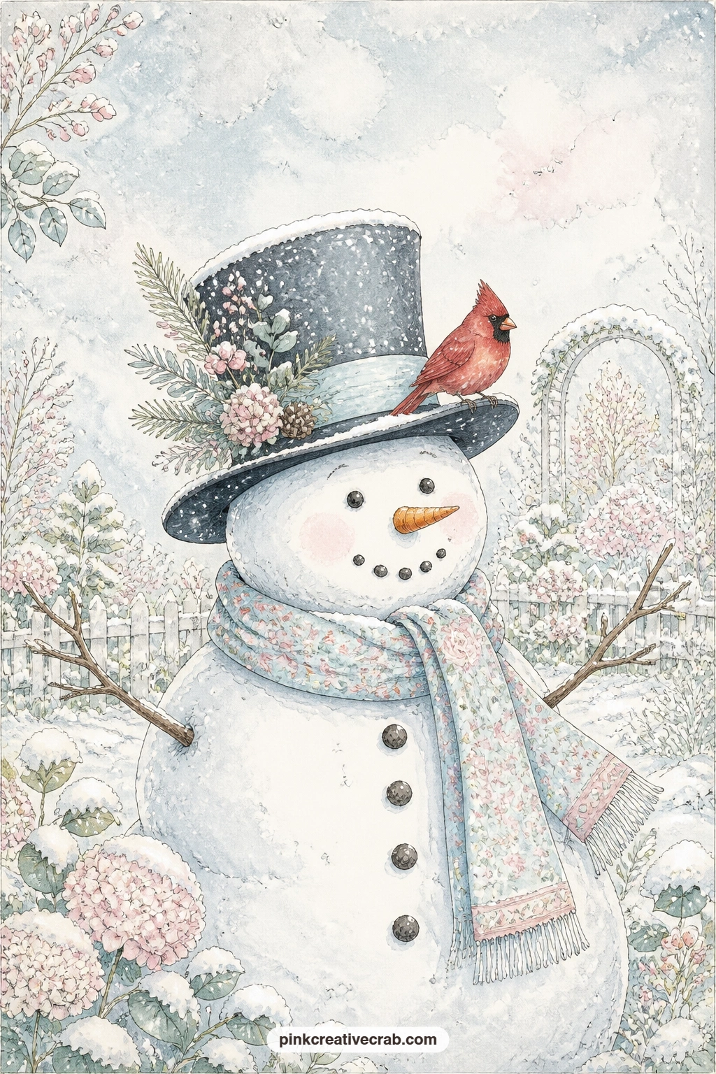 Cardinal On The Top Hat printable page — A bright cardinal perches on the brim of a snowman's top hat while snow falls steadily around them both, closing the