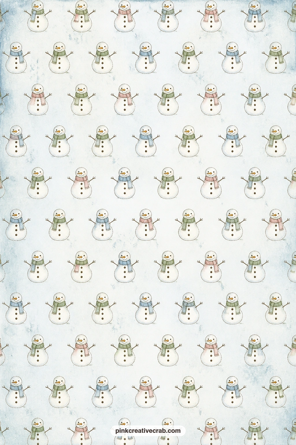 Tiny Snowmen Pattern printable page — Use this soft blue pattern of tiny scarved snowmen under photos from a snow day, as a pocket lining behind a scene page