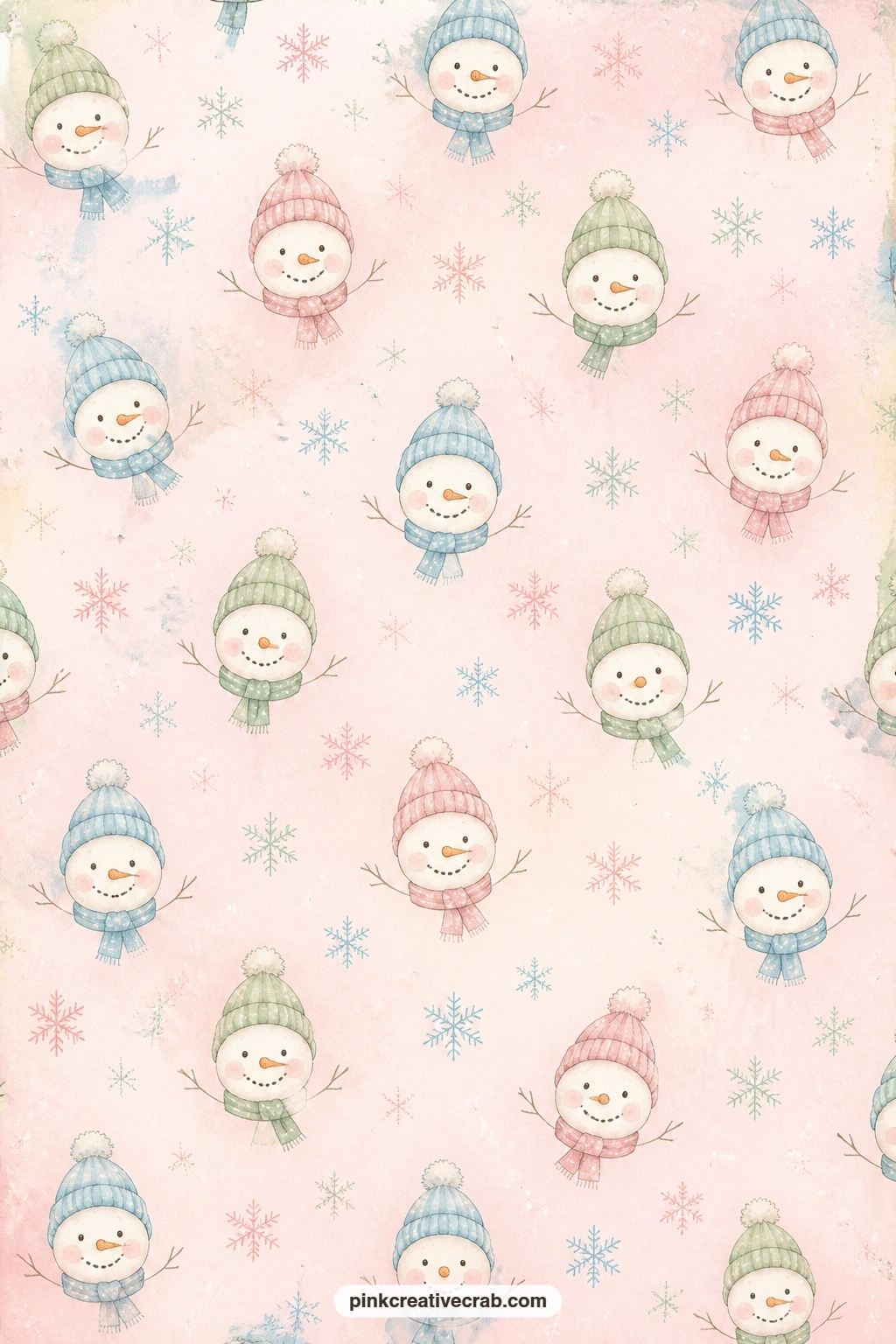 Snowman Faces And Snowflakes Pattern printable page — This blush pink pattern of small round snowman faces and scattered snowflakes works well as a cover wrap