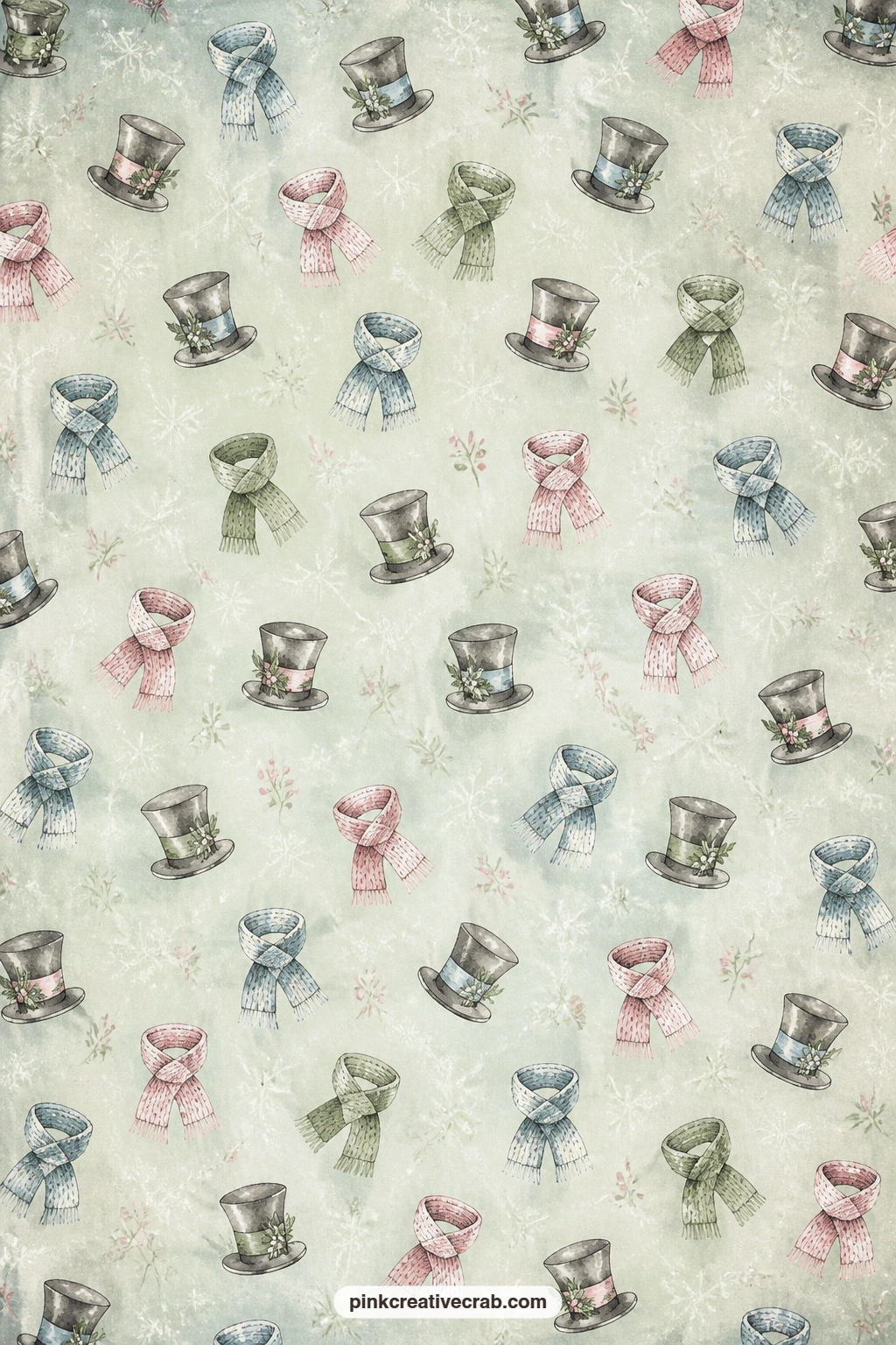 Top Hats And Scarves Background printable page — Little top hats and knitted scarves repeat across this sage paper, handy under a photo mat, inside a pocket