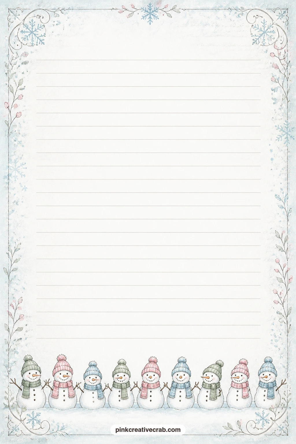 Tiny Snowmen Bottom Border Lined Page printable page — Jot a hot cocoa recipe, a short poem about snow, or a simple packing list for a winter trip along the