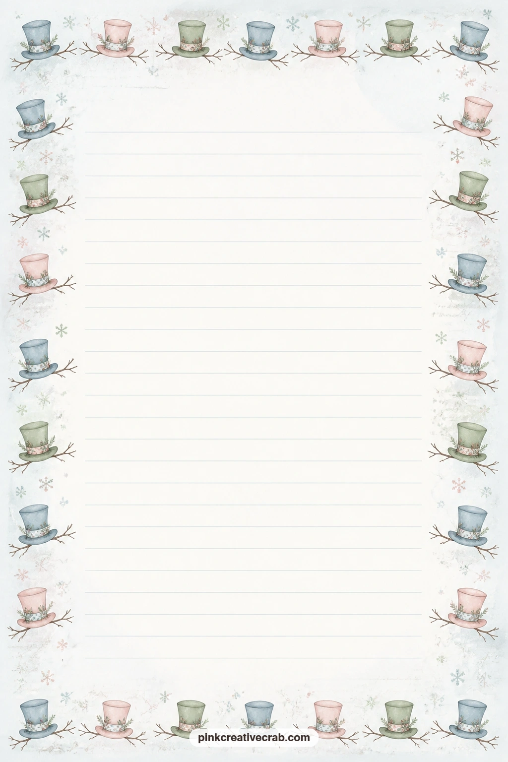 Top Hat Frame Lined Page printable page — The top hat and twig arm frame around these lines suits a letter to a far-away friend, a short memory from a snowy