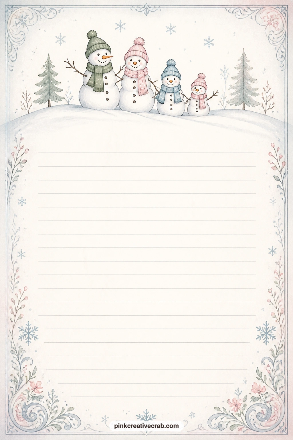 Snowy Hill Top Border Lined Page printable page — A small snowman family stands along a snowy hill across the top of this page, a nice spot for a family