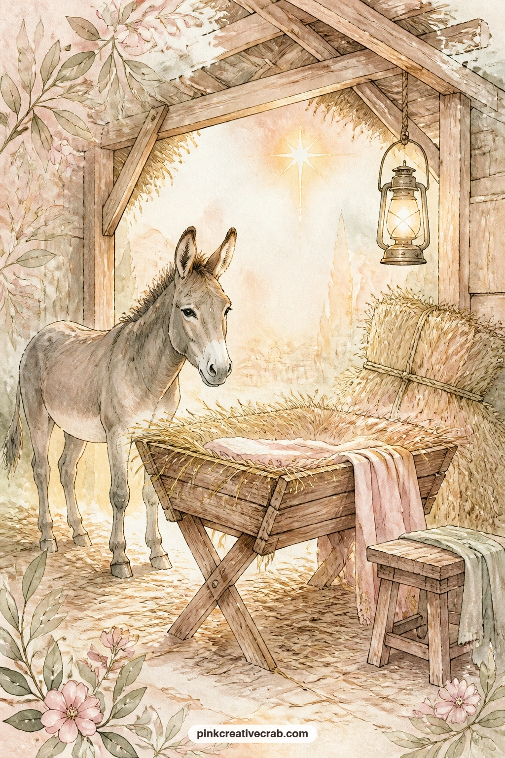 Stable With A Golden Glow printable page — Picture a humble stable with a wooden manger, scattered straw and a donkey standing quietly, all lit by a soft