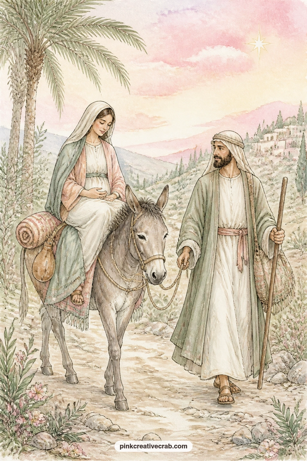 Mary And Joseph On The Road printable page — Try pairing this page with the gold star and dove background further on in the set, using it as the facing page so