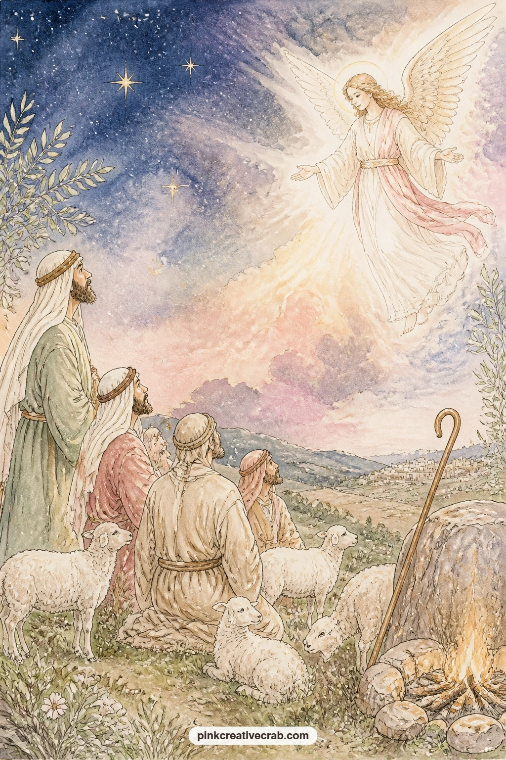 Shepherds And The Angel printable page — The usual mistake with this page is rushing the angel and leaving her too small to notice; give her real presence