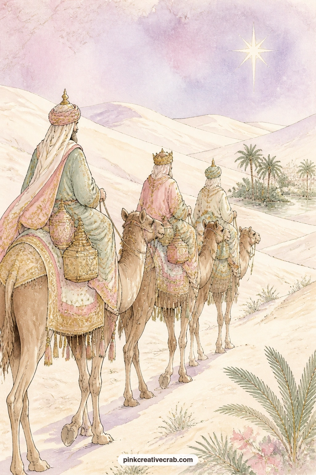 Wise Men Crossing The Dunes printable page — Three wise men ride camels across pale dunes beneath a single bright star in a lavender sky, their long shadows