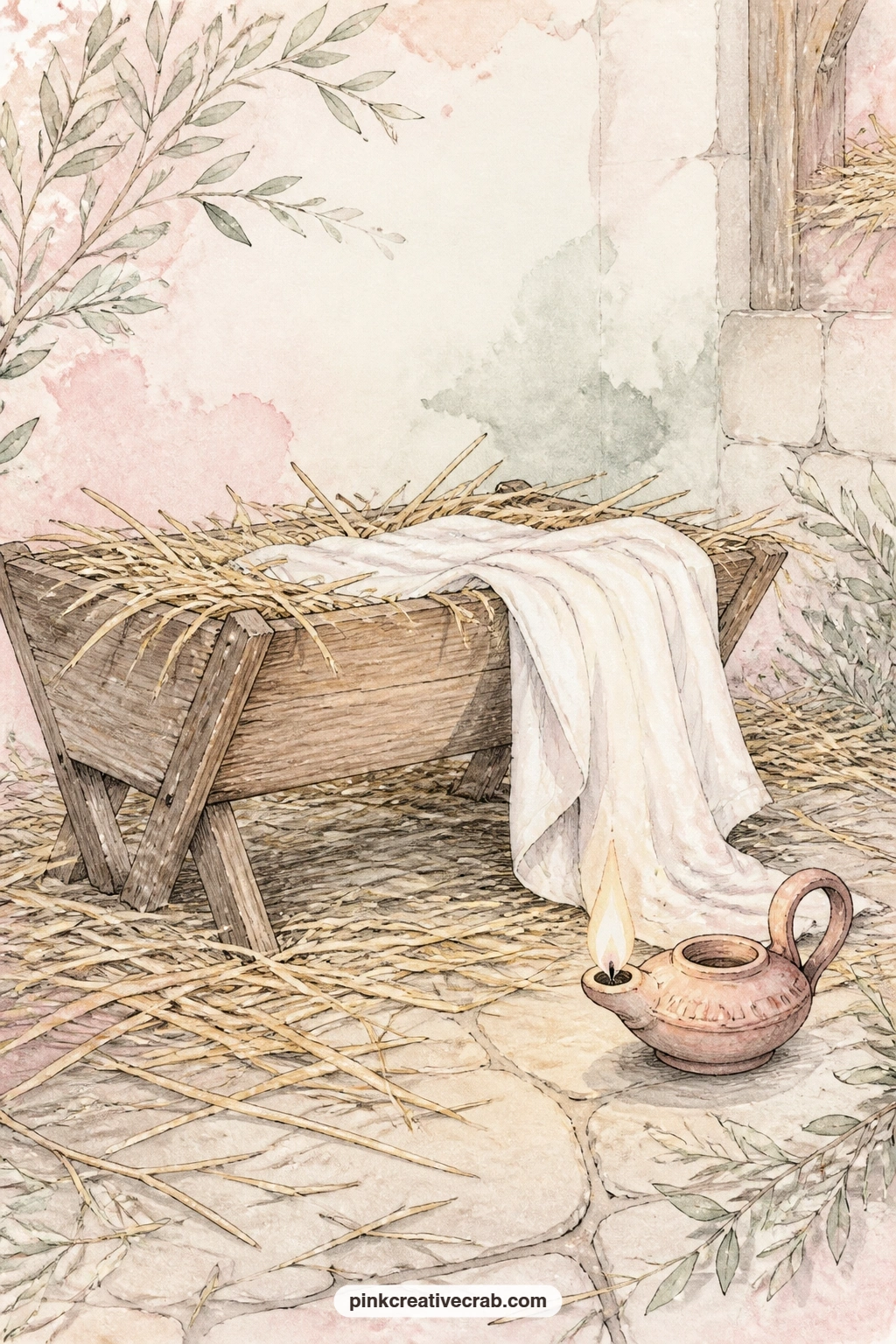 Manger With Lamp And Swaddling Cloth printable page — Write the name you have chosen for the baby, or a line from Luke's account, directly beneath this page
