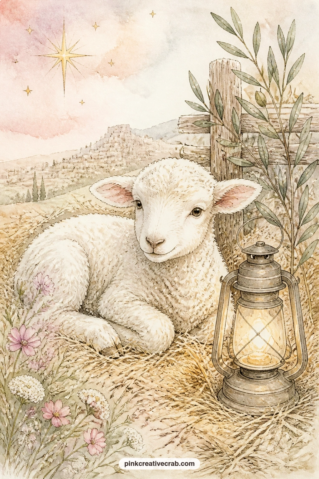 Lamb By The Lantern printable page — This page suits a quiet child in a gift journal, the one who loves small creatures more than grand scenes, since the lamb