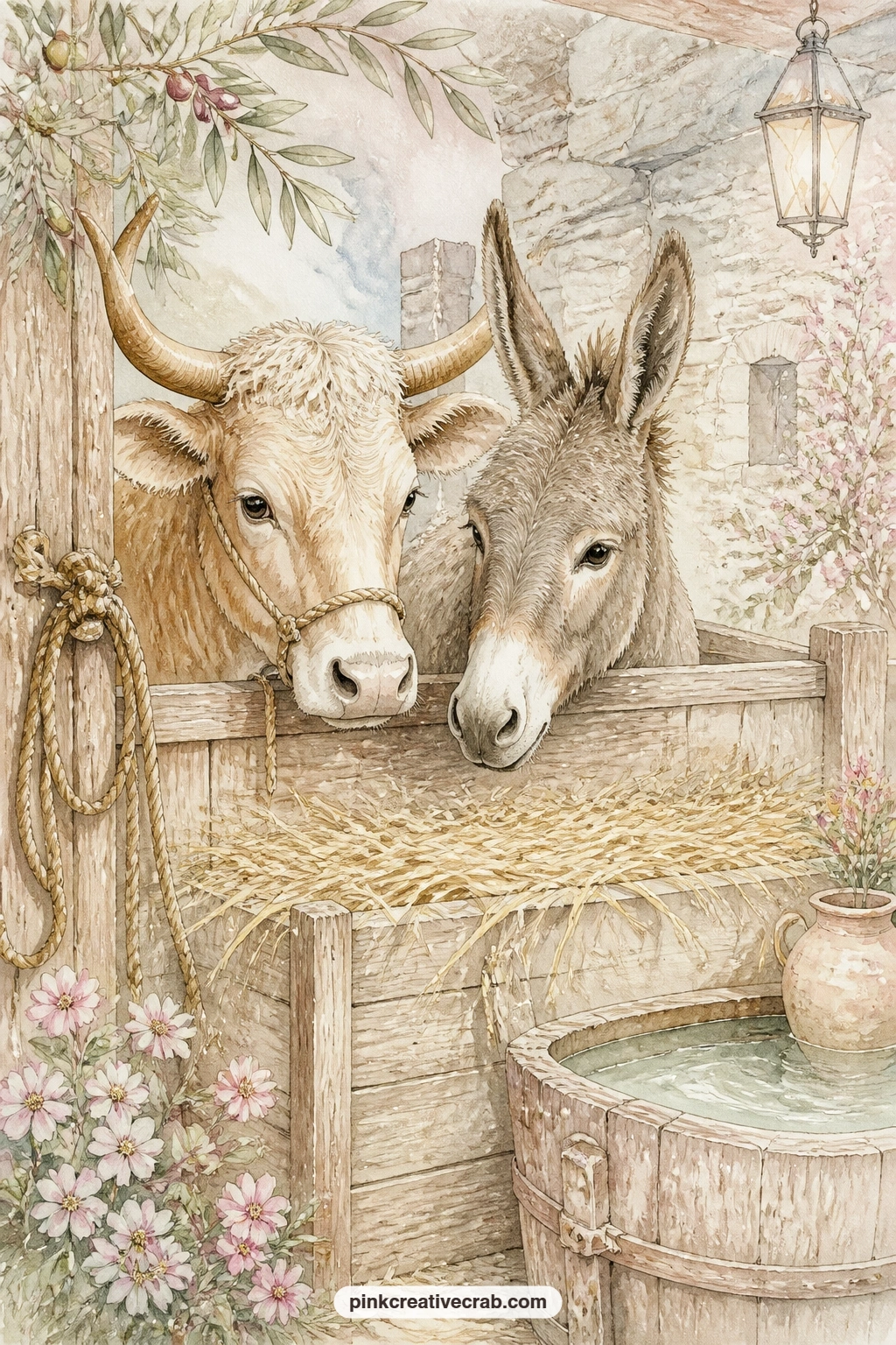Ox And Donkey At The Stall printable page — Both animals lean curiously over a wooden stall filled with fresh hay, their quiet presence a small reminder that