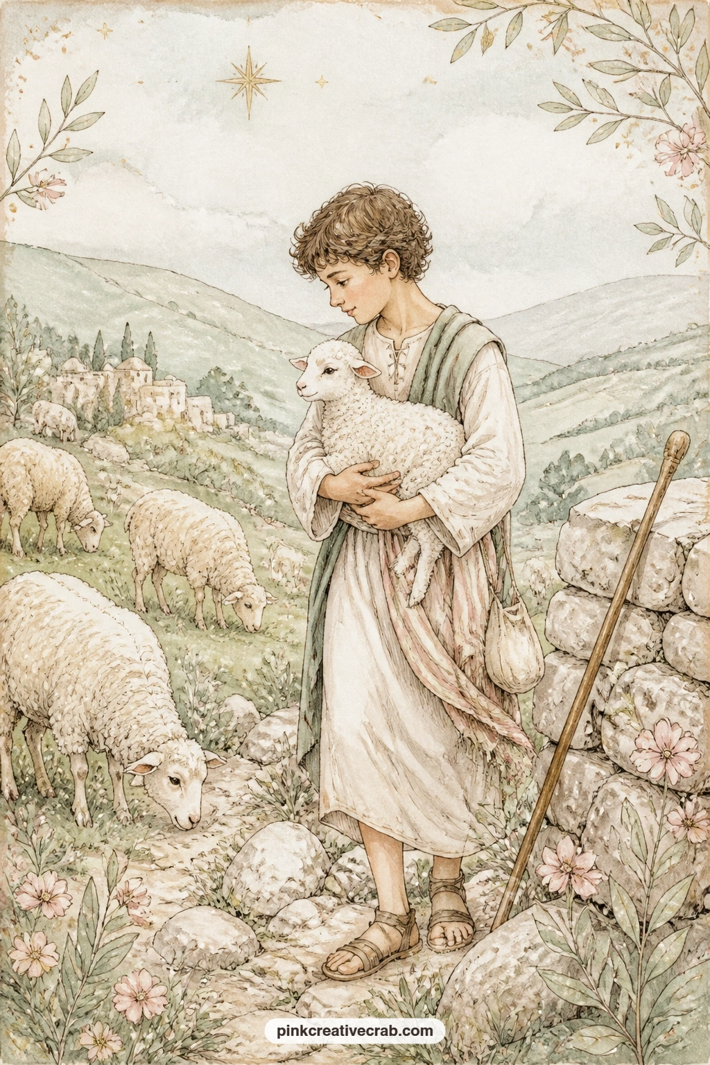 Shepherd Boy And His Lamb printable page — Try the five minute version of this page by sketching only the boy and the lamb he carries, leaving the wider flock
