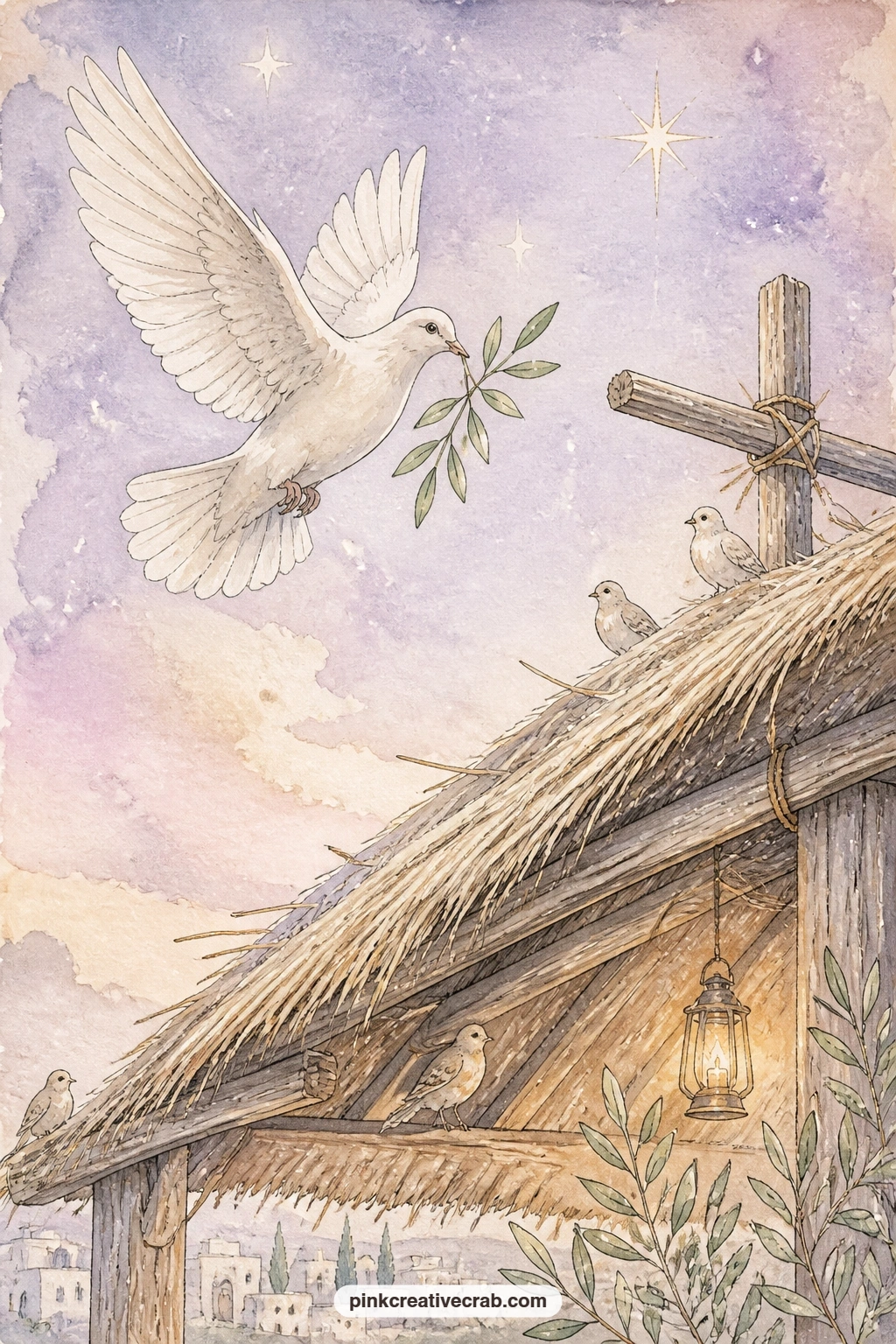Dove Above The Stable Roof printable page — A single dove carries an olive sprig above the sloped stable roof, a small quiet sign of peace resting over the