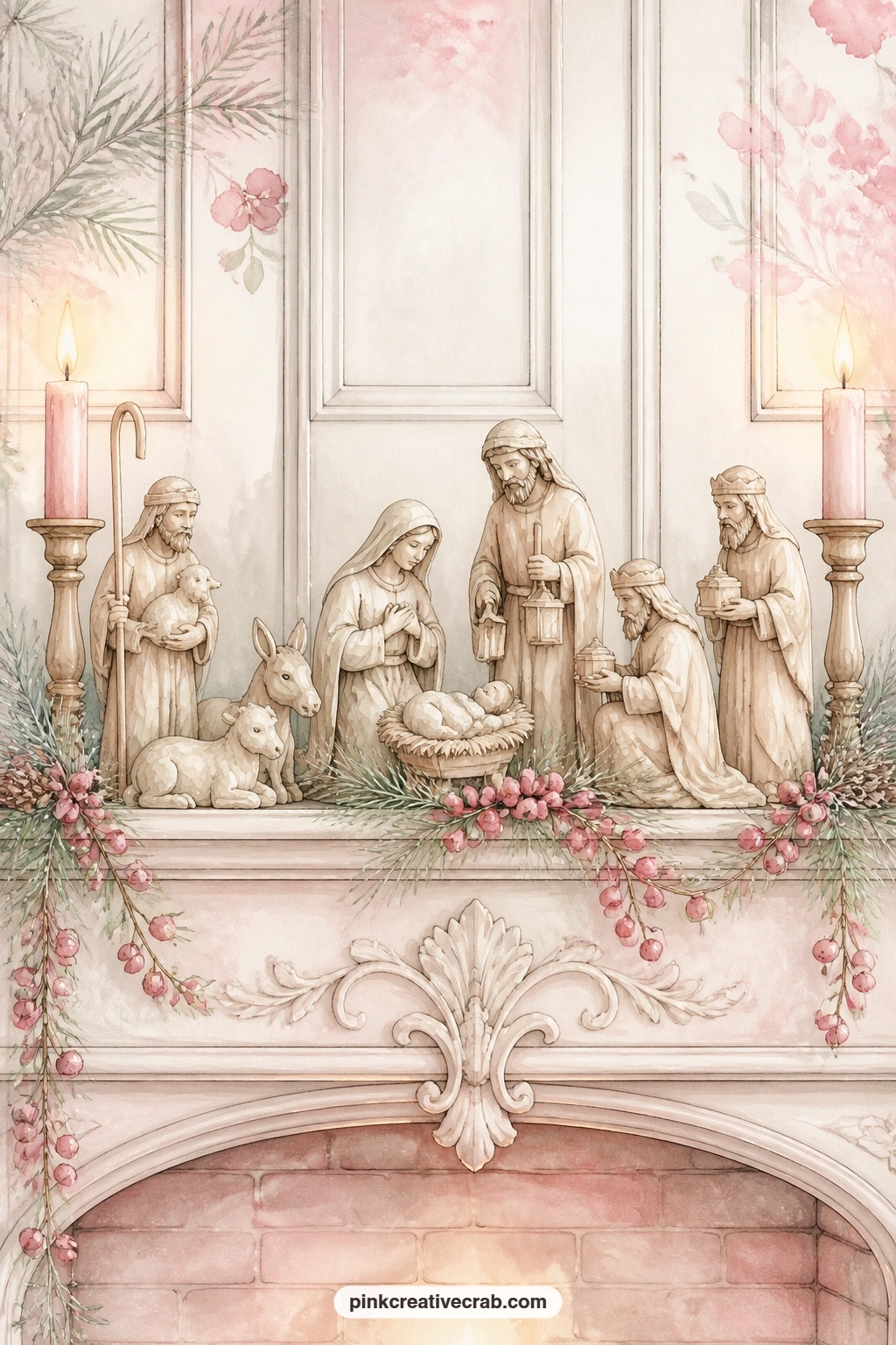 Carved Nativity On The Mantel printable page — What goes with this page is a pressed sprig of real pine tucked just beneath it, since the carved figures and