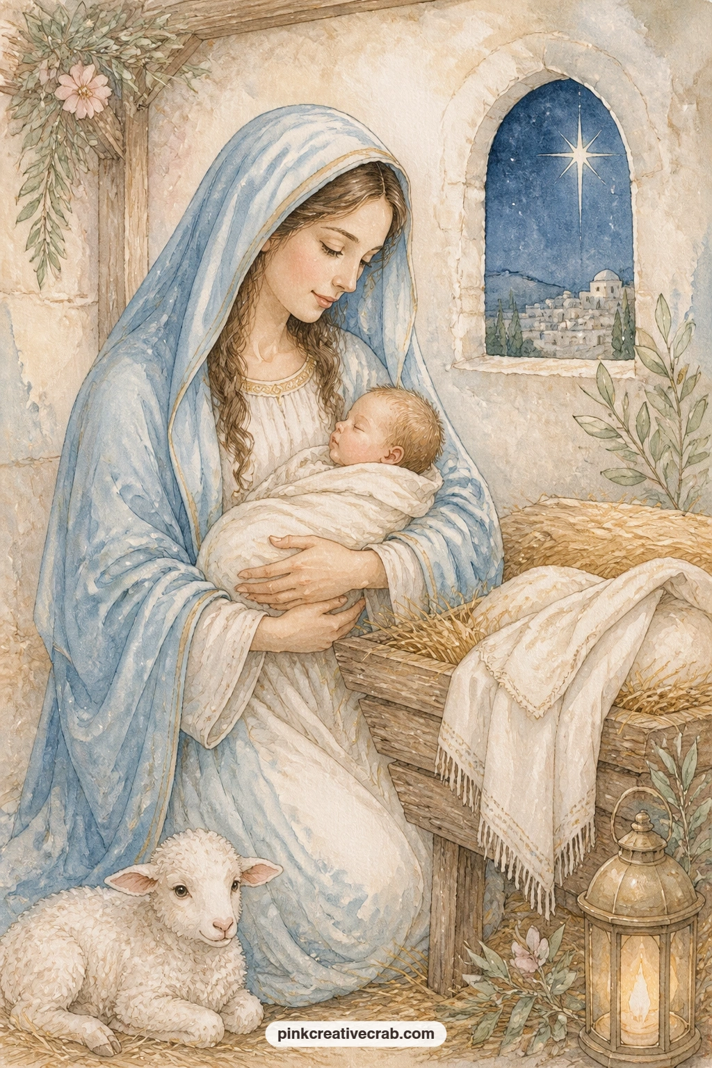 Mary Cradling The Baby printable page — Write a short prayer or blessing directly beside this page, since Mary's quiet moment with the baby in her blue mantle