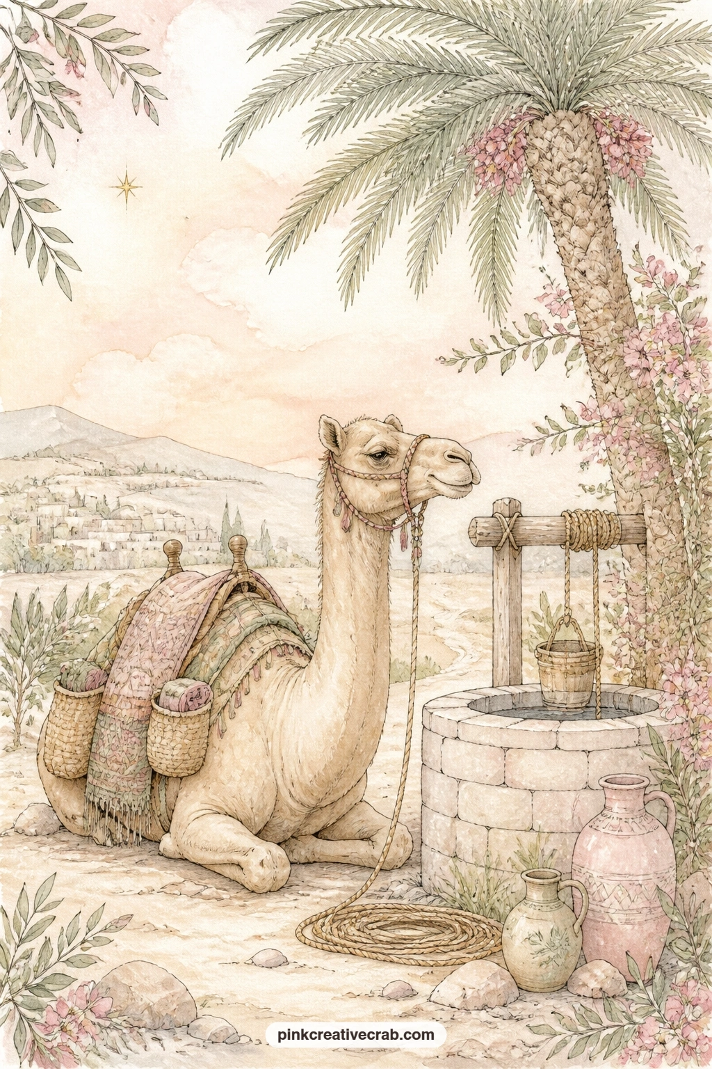 Camel Resting By The Well printable page — A camel kneels beside a stone well with its saddle bags still loaded, resting in the shade of a palm tree after a