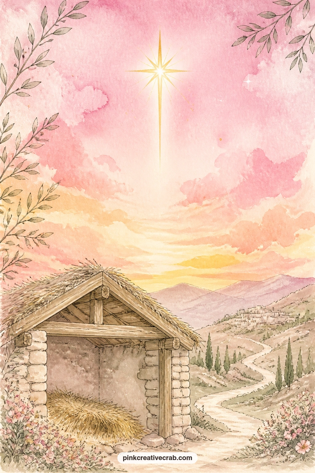 Star Over A Pink Dawn Sky printable page — Tear the top edge of this page gently before gluing it in, so the pale pink dawn sky behind the stable looks like it