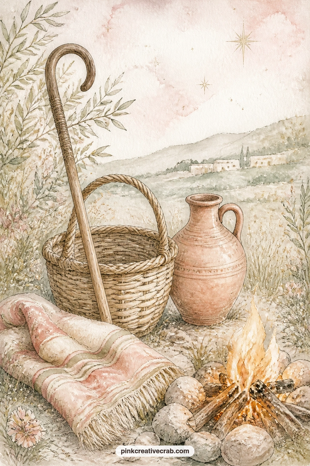 Crook, Basket And Water Jug printable page — A shepherd's crook leans against a low wall beside a woven basket and a clay water jug, all warmed by the glow of