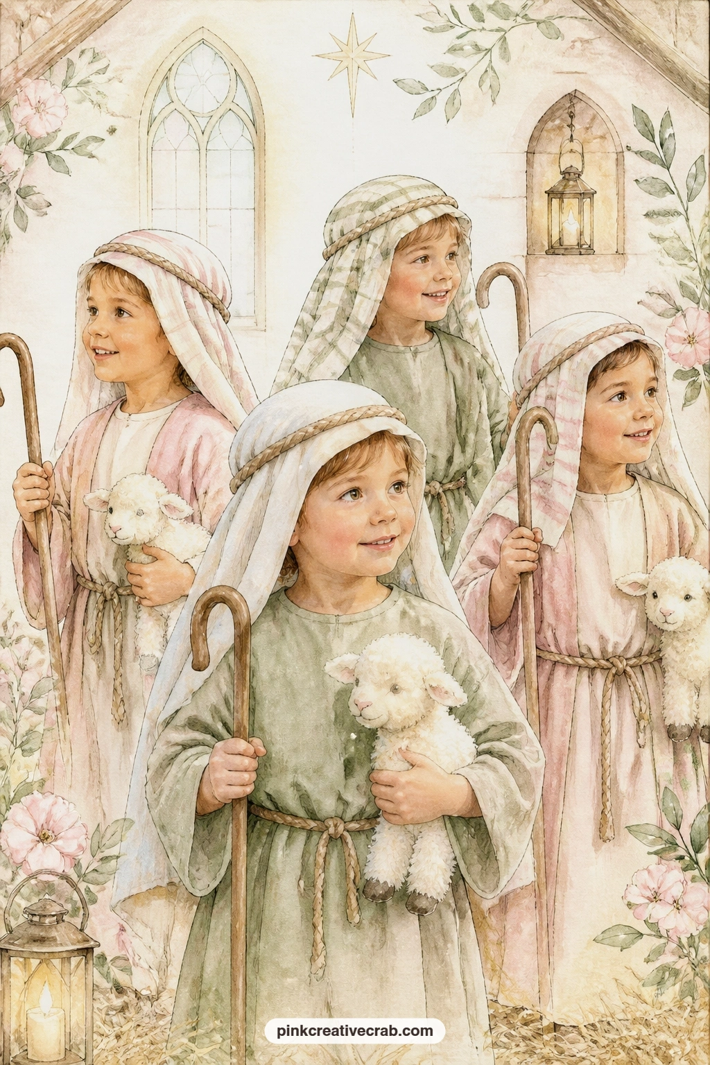 Children In Shepherd Costumes printable page — This page suits grandparents keeping a journal for little ones in church pageants, since the tea towel