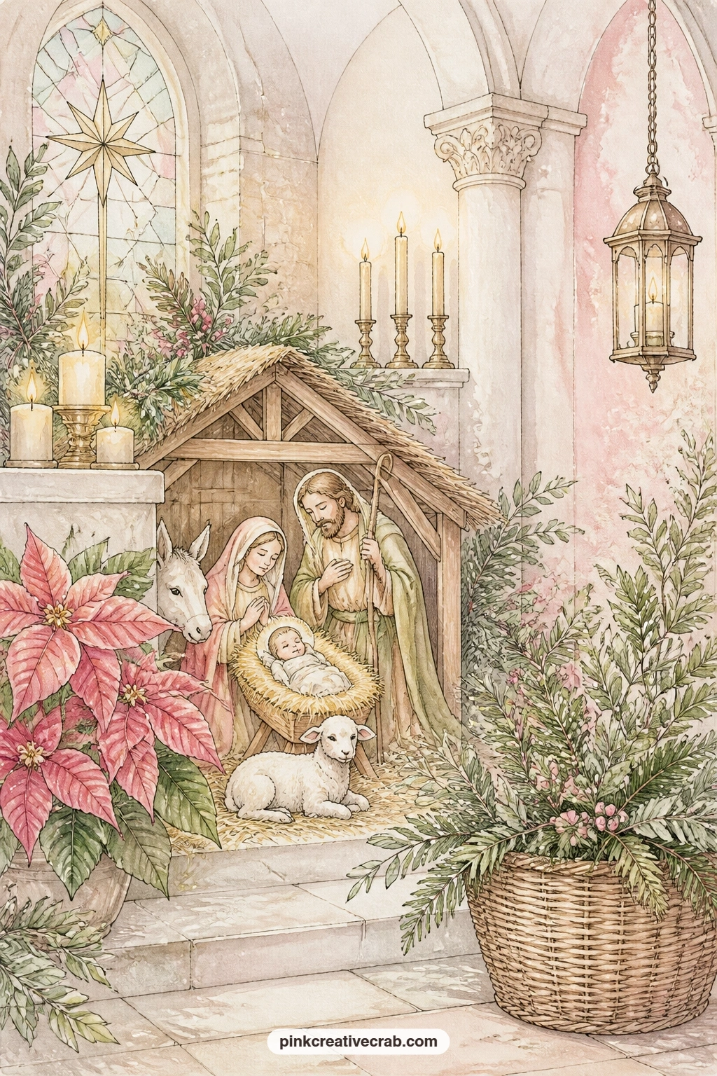 Nativity Creche In The Church Corner printable page — Write the date and the name of your church beneath this page each year it goes into a new journal