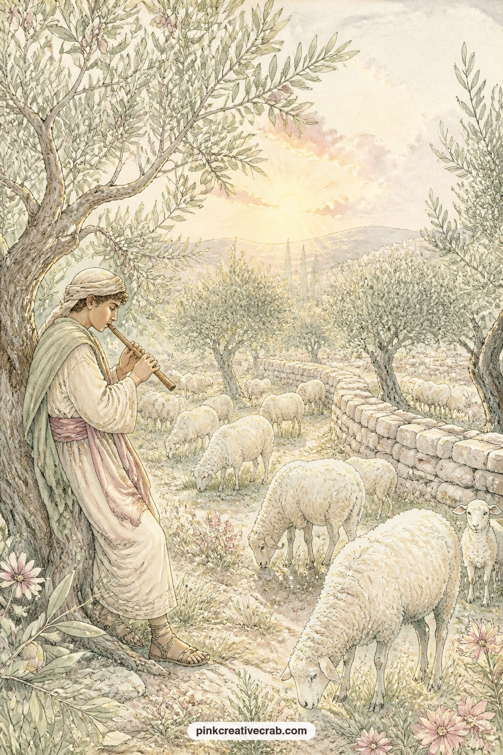 Flock In The Olive Grove printable page — A shepherd plays a simple pipe while his flock grazes quietly among silvery olive trees, the whole grove softened by