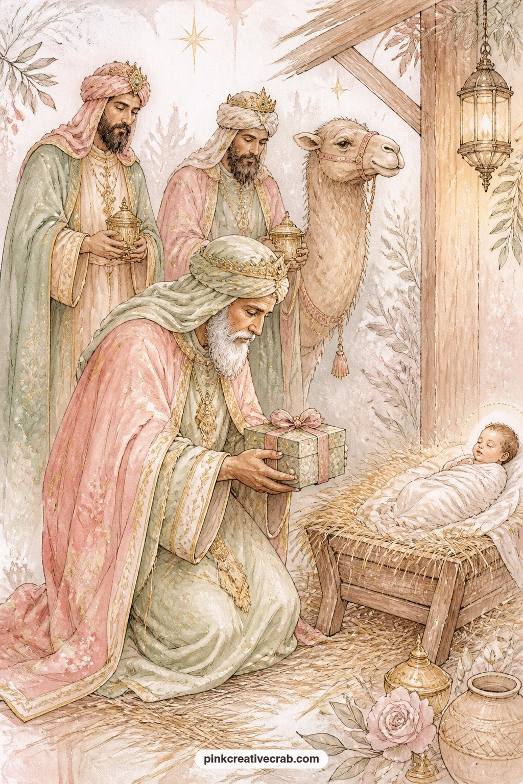 Wise Man Kneeling With His Gift printable page — One wise man kneels low before the manger with his gift box held out in both hands, his camel and companions