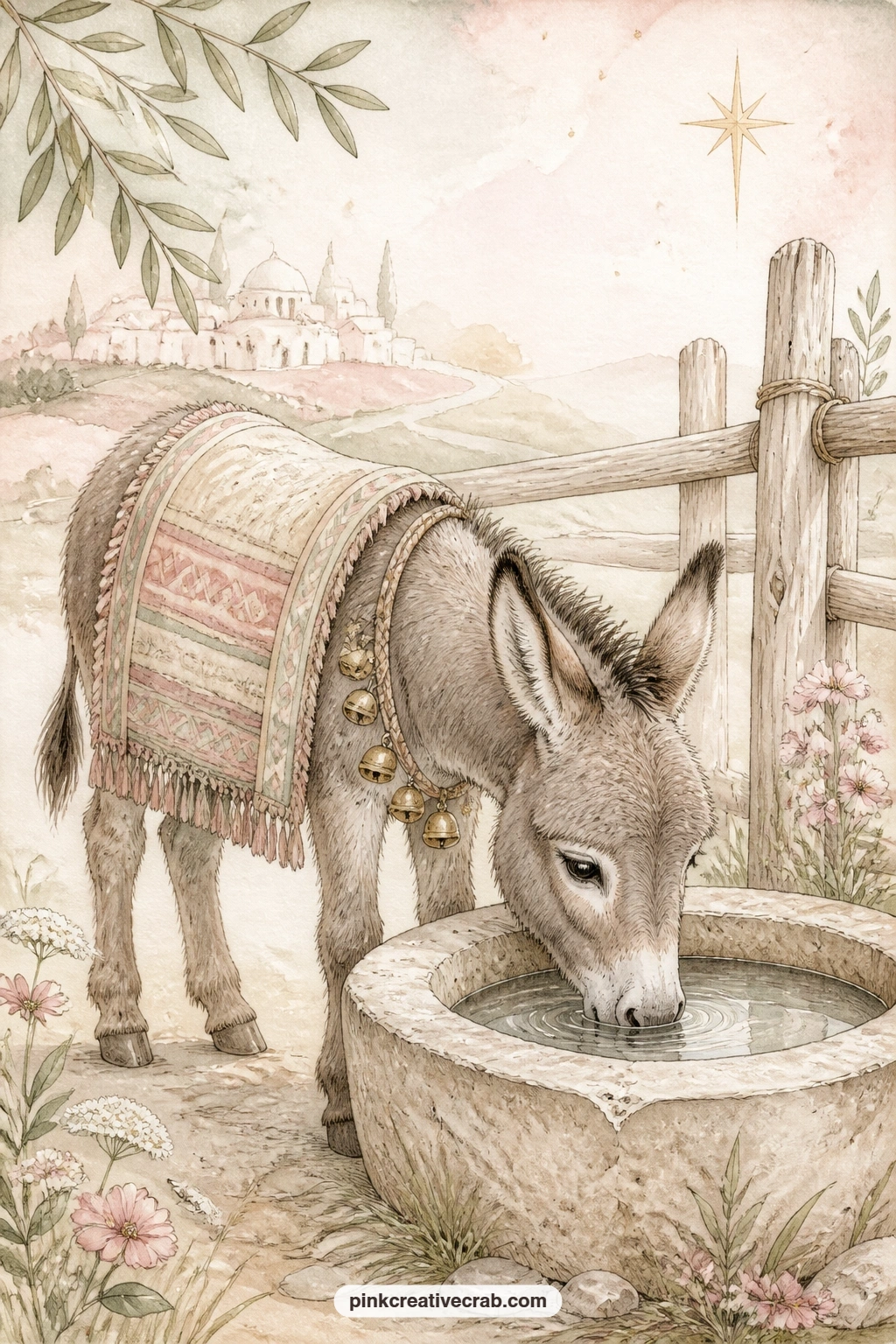 Little Donkey At The Trough printable page — Cradle paste a small paper bell charm beside this page if you have one, since the little donkey here wears a