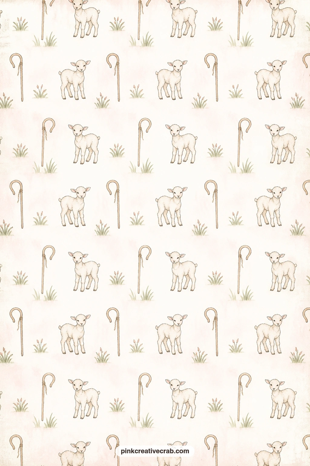 Lamb And Shepherd Crook Pattern printable page — Small lambs and shepherd's crooks repeat across this soft page, suited to a pocket lining for keepsakes, the