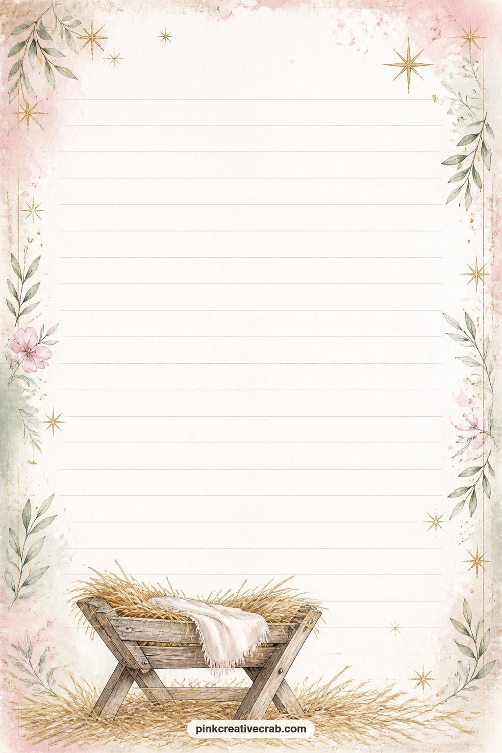 Manger And Straw Footer Lined Page printable page — A small manger scattered with straw rests along the bottom of this page, leaving room above for a menu for