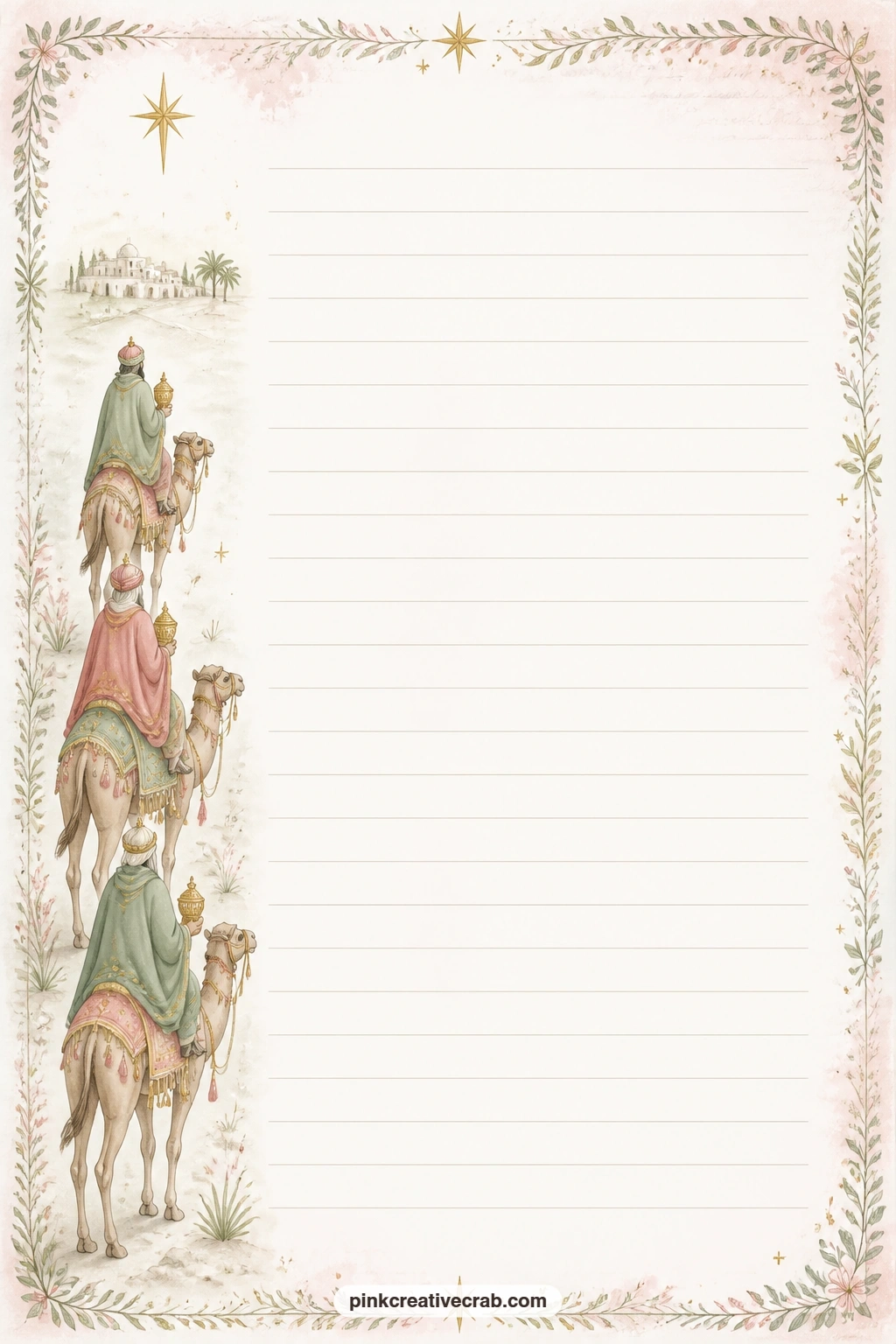 Wise Men Procession Lined Page printable page — A slender band of wise men and camels crosses one side of this page, a fitting place for a short wish list