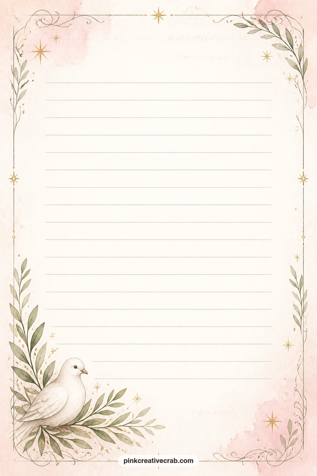 Dove And Laurel Corner Lined Page printable page — A small dove rests among laurel leaves in one corner of this page, leaving room for a closing prayer, a note